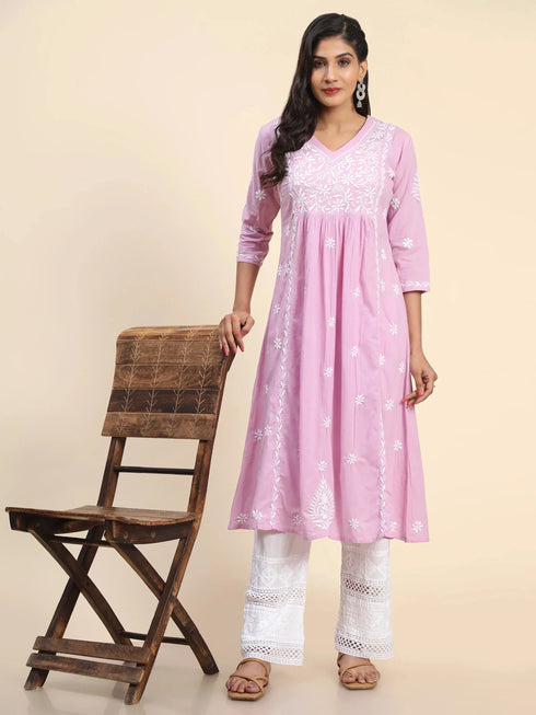Noor Hand Embroidered Chikankari Long A-Line Kurti for Women- Lavender